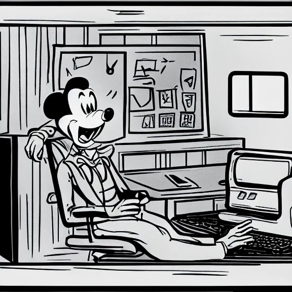 Prompt: walt disney illustration of a man frustrated with a computer