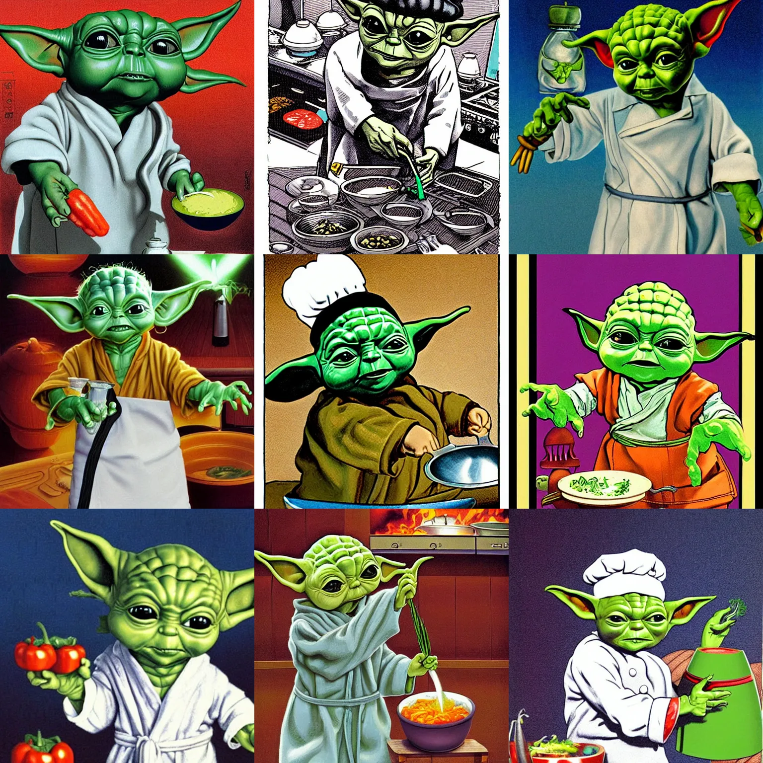 Prompt: tiny baby yoda cooking vegetables as a chef wearing a white chefs hat and apron and gently holding a bowl in both hands by ed emshwiller and alejandro burdisio and david mattingly and christopher balaskas and john harris and virgil finlay and dean ellis and jack gaughan, hyperrealistic, high detail, cooking, vegetables, chef