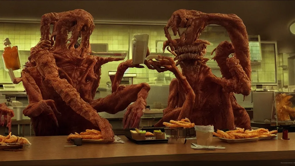 Image similar to the strange creature at the fast food place, they scare my family, film still from the movie directed by denis villeneuve and david cronenberg with art direction by salvador dali and zdzisław beksinski, wide lens