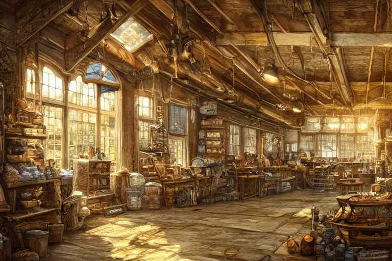 Prompt: A general goods store viewed from the inside, texture, intricate, details, highly detailed, masterpiece, architecture, building, trending on artstation, focus, sharp focus, concept art, digital painting, fantasy, sunny, day, midday, in the style of Dungeons and Dragons