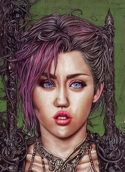 Prompt: realistic detailed painting of Miley Cyrus by yoshitaka amano and rebecca guay and Moebius, Neo-Gothic, Dark Fantasy, rich deep colors