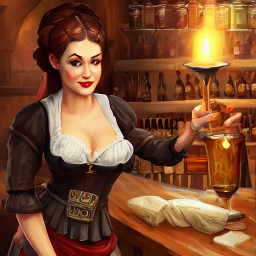 Prompt: medieval barmaid in tavern, trending on artstation