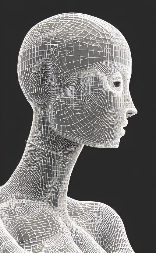Image similar to complex 3d render of a beautiful profile woman face, vegetal dragon cyborg, 150 mm, beautiful natural soft light, rim light, silver details, magnolia stems, roots, fine lace, maze like, mandelbot fractal, anatomical, facial muscles, cable wires, microchip, elegant, highly detailed, white metallic armour, octane render, black and white, H.R. Giger style