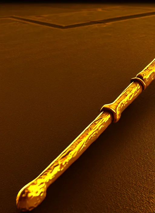 Image similar to rpg item render, a single egyptian gold staff, ancient symbols, bright, Unreal 5, DAZ, hyperrealistic, octane render, dynamic lighting