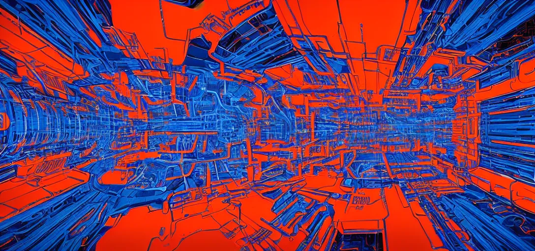 Prompt: sci - fi mothership interior or exteror - machinery, tubes wires path intricate matte painting masterpiece orange blue warm tones quiet