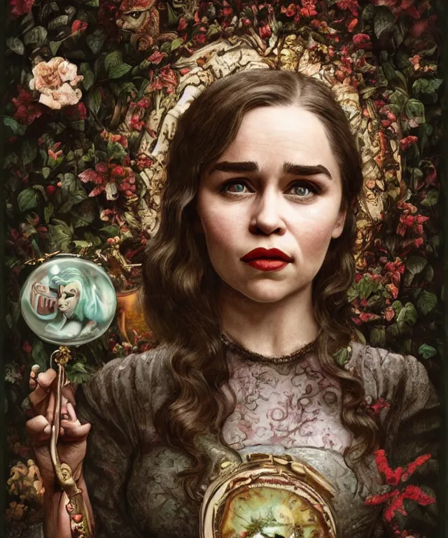 Image similar to portrait of Emilia Clarke in wonderland, lowbrow painting by Mark Ryden