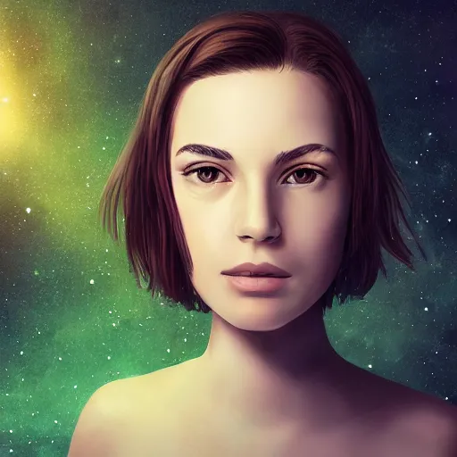 Image similar to a portrait photo of a young woman with short brown hair, a dress, and green eyes, floating in space, trending on artstation