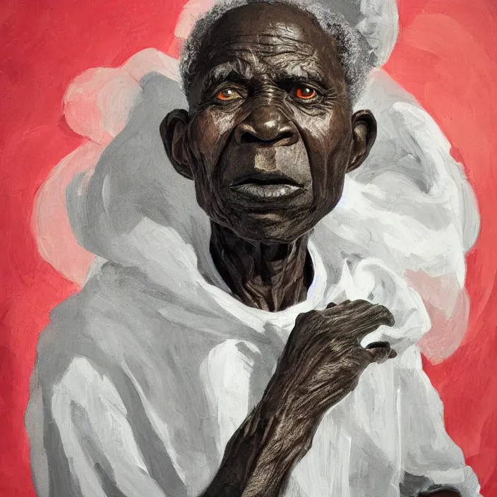 Image similar to a painting of a elder African man by Kara Walker . dramatic angle, ethereal lights, details, smooth, sharp focus, illustration, realistic, cinematic, artstation, award winning, rgb , unreal engine, octane render, cinematic light, macro, depth of field, blur, red light and clouds from the back, highly detailed epic cinematic concept art CG render made in Maya, Blender and Photoshop, octane render, excellent composition, dynamic dramatic cinematic lighting, aesthetic, very inspirational, arthouse.