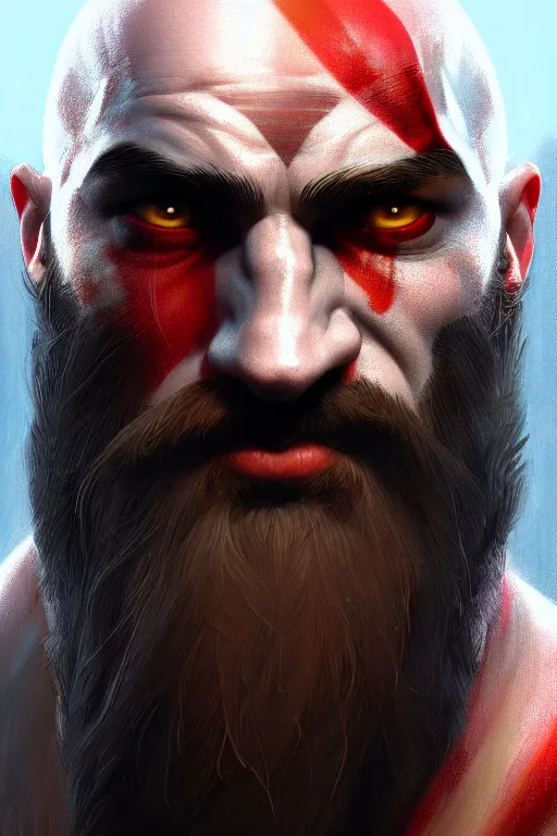 Image similar to ultra detailed facial portrait of kratos, extremely detailed digital painting, in the style of fenghua zhong and ruan jia and jeremy lipking and peter mohrbacher, mystical colors, rim light, beautiful lighting, 8 k, stunning scene, raytracing, octane, trending on artstation