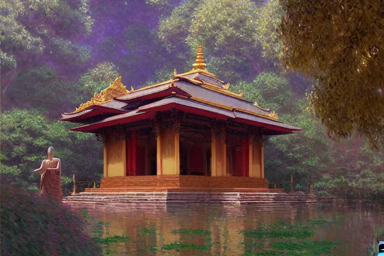 Image similar to temple, buddhism, impressionnisme, painting by greg rutkowski, artgerm, claude monet