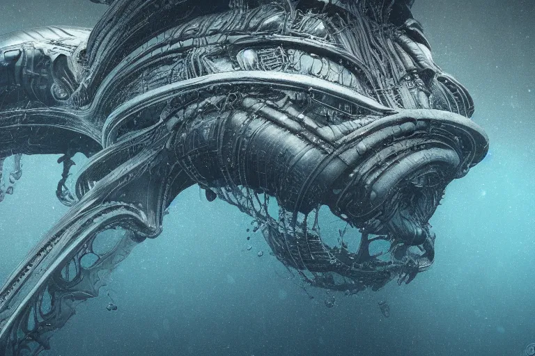 Image similar to dark underwater alien ocean, high resolution, 4 k, cgsociety, moebius, giger