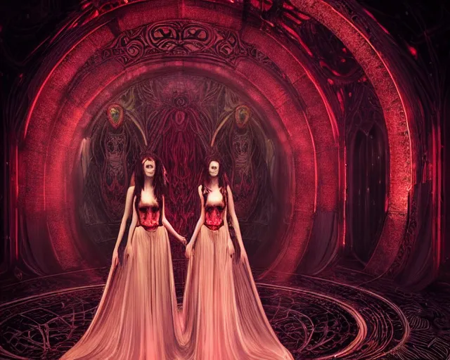 Image similar to three stunning otherworldly gothic goddesses with beautiful angelic faces, wearing psychedelic wicca, in wedding dresses, red neon roses, full body, dark and mysterious, atmospheric, ominous, eerie, cinematic light, epic, 8 k 3 d, ultra detail, ultra realistic, by giger, by wlop, by mucha