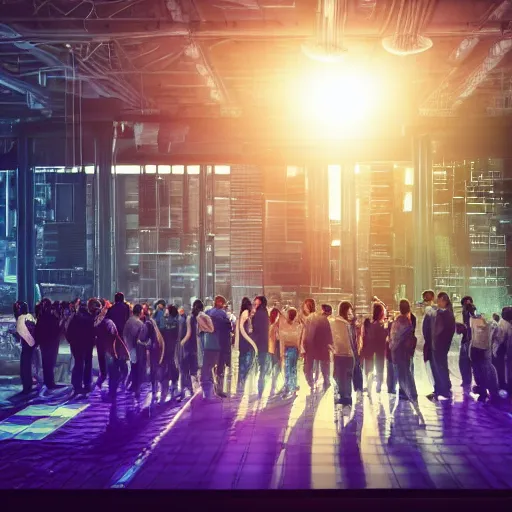 Image similar to large group people in a warehouse, looking at hologram of futuristic city on a table, cinematic concept art, godrays, golden hour, natural sunlight, 4 k, clear details, tabletop model buildings, tabletop model, hologram center, crane shot