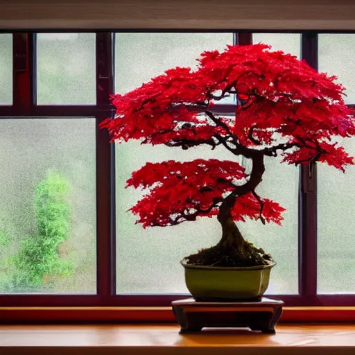 Image similar to photo of a red maple bonsai in a kitchen, next to a window, beautiful, high detail, cinematic,