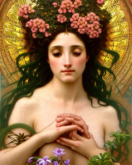 Image similar to goddess of nature, unusual beauty, fauna, flowers, plants, emotionally evoking symbolic metaphors, head in focus, fantasy, ornamental, intricate, elegant, sensual, highly detailed digital painting, artstation, concept art, painterly, golden ratio, sharp focus, illustration, art by John William Godward and Alphonse Mucha and Boris Vallejo and Arcimboldo and Zdzisław Beksiński,