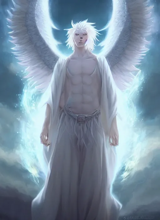 Prompt: aesthetic, religious fantasy portrait commission of an albino male furry anthro lion with giant feathery glowing angel wings flying in the heavenly cloudy sky wearing a silky white transparent cloak blowing in the wind, Atmospheric . Character design by charlie bowater, ross tran, artgerm, and makoto shinkai, detailed, inked, western comic book art, 2021 award winning film poster painting