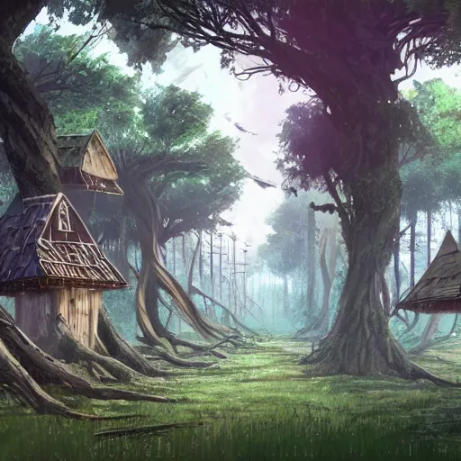 Prompt: concept art painting of a forest with treehouses made of trees and roots, doors and windows inside trees, vines, deep forest, realistic, detailed, cel shaded, in the style of makoto shinkai and greg rutkowski and james gurney