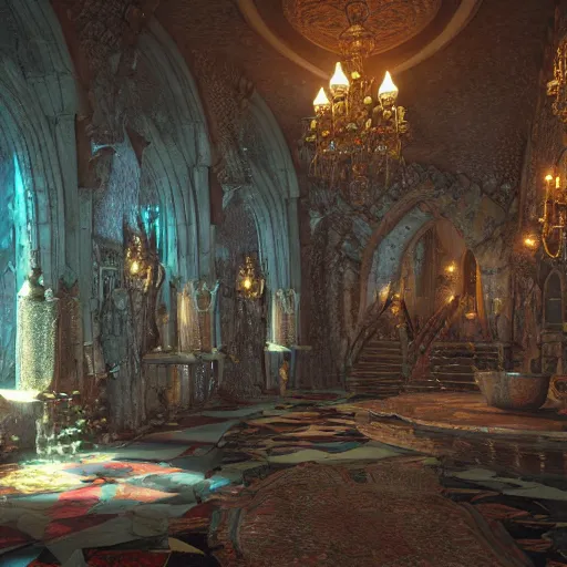 Prompt: inside a fantasy castle, highly detailed, 4k, HDR, award-winning, octane render, artstation