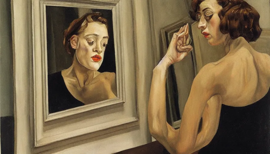 Image similar to painting by lucien freud, young woman in front of the mirror, detailed, stunning