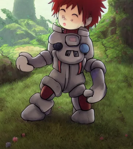 Image similar to beautiful little boy wearing an cyborg bear suit, artwork in kentaro miura and made in abyss and bomberman and codename : kids next door, smooth, beautiful lightness, anatomically correct, trending on pixiv, forest