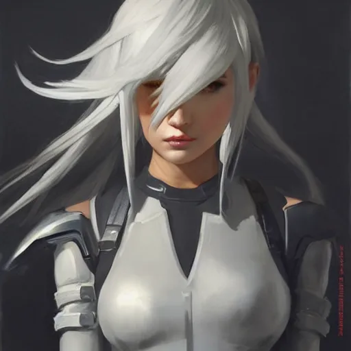 Image similar to greg manchess portrait painting of a 2 yorha type a no. 2 as overwatch character, white long hair, medium shot, asymmetrical, profile picture, organic painting, sunny day, matte painting, bold shapes, hard edges, street art, trending on artstation, by huang guangjian and gil elvgren and sachin teng