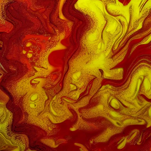 Prompt: A brain bursting up into liquid, yellow red gradient puddle art