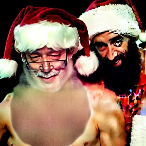 Prompt: uhd candid photo of santa and osama bin laden in a hot tub. photo by annie leibowitz