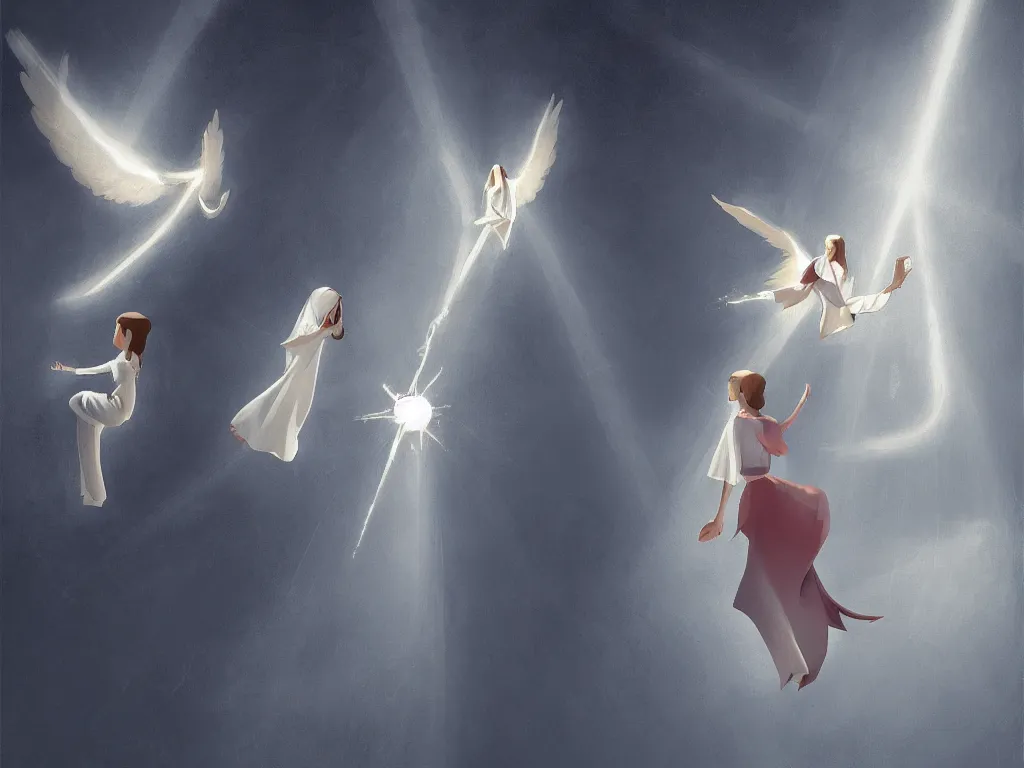 Image similar to the annunciation with mary on the left and archangel on the right, with a beam of light coming down from the top right towards mary on the left, by goro fujita, trending on artstation, 8k, highly detailed, digital graphic art