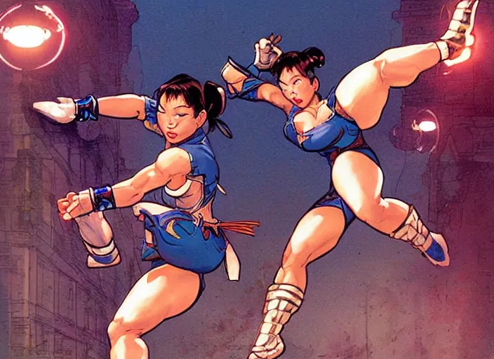 Prompt: Chun Li doing a perfect high kick. Epic painting by James Gurney and (Laurie Greasley). Beautiful lighting.