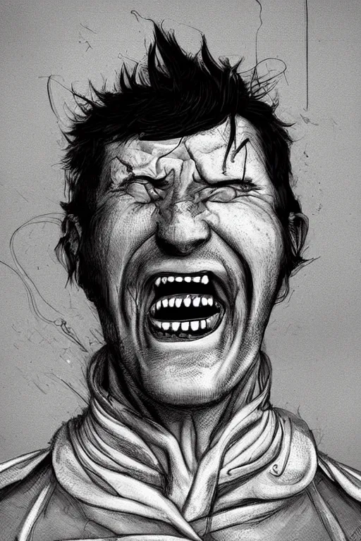 Image similar to digital portrait of a maniacally laughing man wearing a straitjacket in a sanitarium by rafa sandoval and shawn coss, deviantart, artgerm