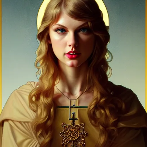 Image similar to intense portrait of taylor swift as a catholic saint, intricate, elegant, highly detailed, my rendition, digital painting, artstation, concept art, smooth, sharp focus, illustration, art by artgerm and greg rutkowski and alphonse mucha