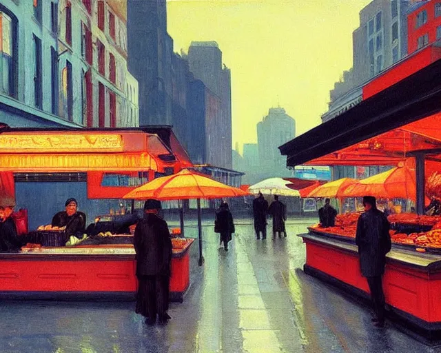 Image similar to street with food stands in a cyberpunk city on a rainy melancholy night by edward hopper