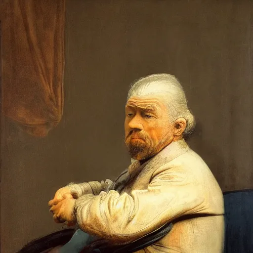 Prompt: a blonde man sitting in a wheelchair pondering about life, portrait of til seitz in the style of rembrandt, rembrandt exhibition, 4 k high definition, masterpiece