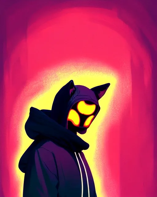 Image similar to synthwave, hyper - realistic portrait of a man in a hoodie, with kitsune mask, intricate, 4 k, by atey ghailan, by greg rutkowski, by greg tocchini, by james gilleard, by joe fenton, by kaethe butcher, dynamic lighting, lighting color scheme, sharp focus, grunge aesthetic