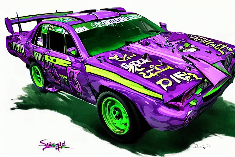 Image similar to purple and green wrc snakeoil livery rally car, gta 5 stylized, official fanart by jesper ejsing, by wlop, frank frazetta and r. crumb