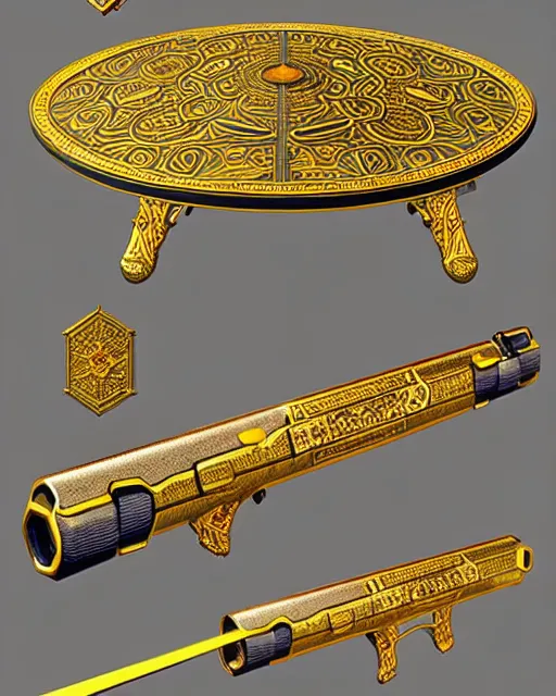 Image similar to A ping pong launcher weapon, highly detailed, intricate gold patterns, sharp focus, art by Artgerm and Greg Rutkowski and WLOP