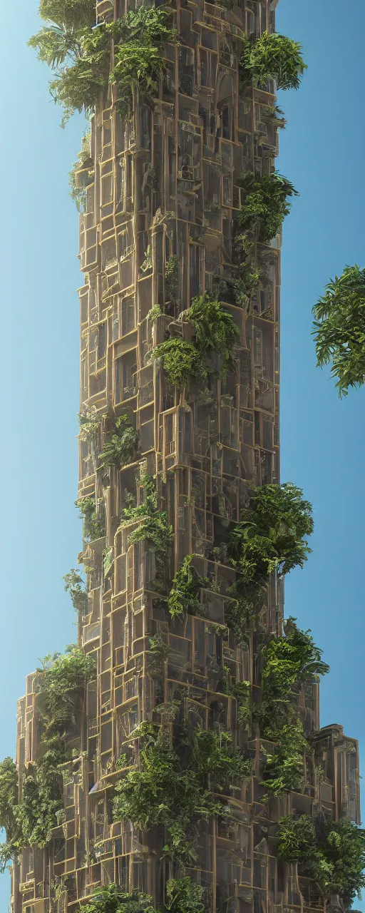 Prompt: solarpunk style, eye level view of a contemporary tower, golden intricate details, stone facade, sacred architecture, hanging gardens, cascading highrise, arid mountains with lush palm forest, photorealistic, sunlight, 8 k, post - production, octane, cgi, sfx