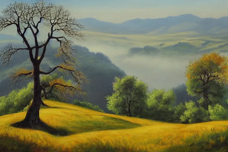 Image similar to masterpiece painting of oak trees on a hillside overlooking a foggy valley, by marion wachtel