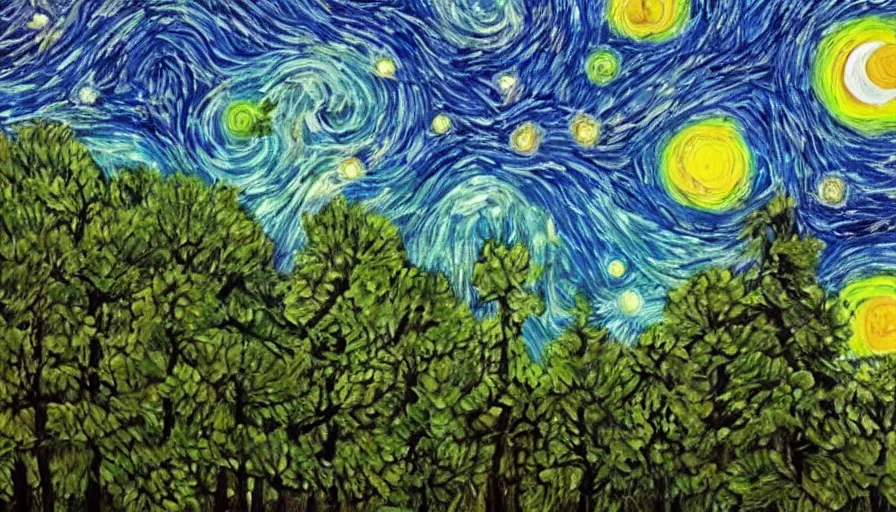 Image similar to Painting of a great forest in style of starry night