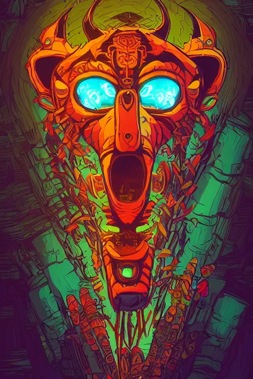 Image similar to totem animal tribal chaman vodoo mask feather gemstone plant wood rock video game illustration vivid color borderlands by josan gonzales and dan mumford radiating a glowing aura