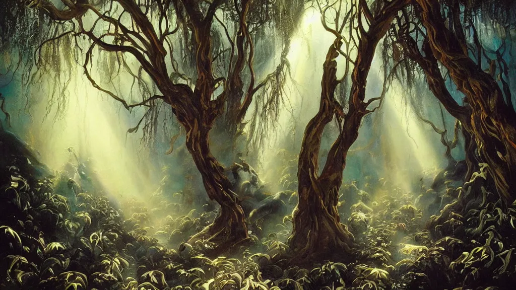 Image similar to A Salvador Dali oil painting of a hauntingly beautiful elven forest in the morning; rays of light coming through the canopy; trending on artstation; extraordinary masterpiece!!!!!!; 8k