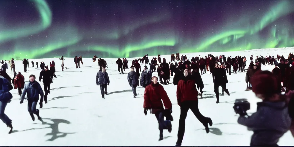 Image similar to filmic wide shot dutch angle movie still 35mm film color photograph of a crowd of people wearing snow clothing running terrified outside in antarctica, blood flying in the air, aurora borealis in the sky, in the style of a 1982 horror film