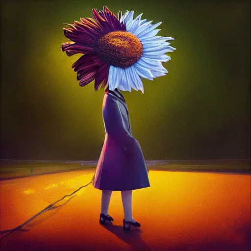 Image similar to giant daisy flower head, frontal, girl in a suit standing on street, surreal photography, sunrise, dramatic light, impressionist painting, digital painting, artstation, simon stalenhag