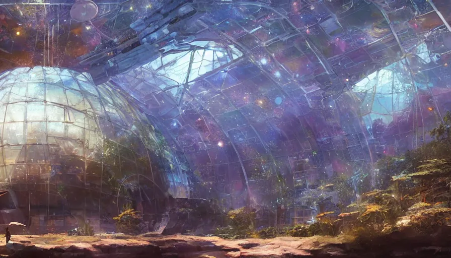 Prompt: craig mullins and ghibli digital illustration of a giant biodome in outer space, astrophotography, colorful, unreal engine, hyper realism, realistic shading, cinematic composition, realistic render, octane render, detailed textures, photorealistic, wide shot,