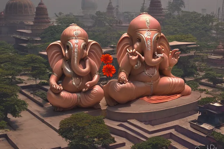 Image similar to beautiful futuristic new delhi, sci - fi ganesha!! building, kalighat flowers, octane highly detailed cinematic, stephen shore & john j. park, soft morning light, wide shot, aerial shot, uhd 8 k, shallow depth of field