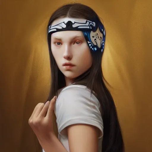 Image similar to 1 5 year old white girl with a white shirt that has one shoulder visible, wears black sports shorts and a golden mask on her face, intricate, highly detailed, digital painting, artstation, concept art, smooth, sharp focus, illustration, unreal engine 5, 8 k, art by artgerm and greg rutkowski and alphonse mucha