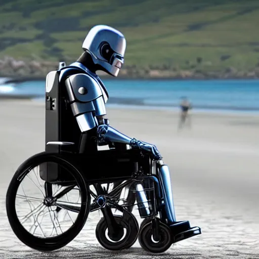 Prompt: robocop in a wheelchair at the beach, movie still, 8 k