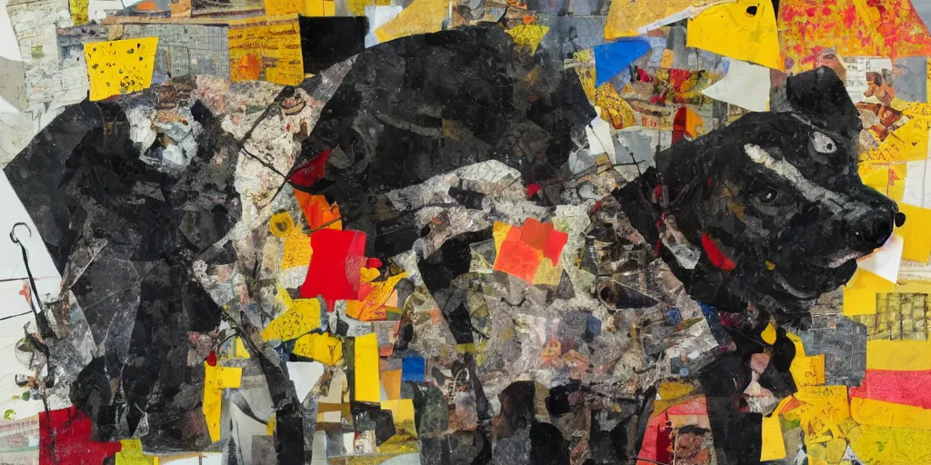 Image similar to mad dog on a chain, collage, sweeping paper and acrylic on canvas, minimalism and expressionism movement, breathtaking detailed, by natalia dumitrescu