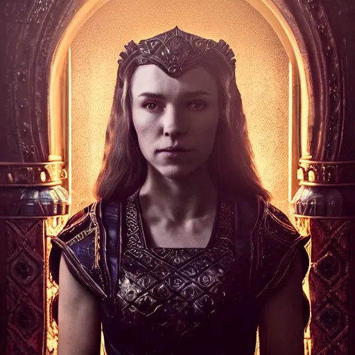 Image similar to the elder scrolls vi, charismatic regal brunette female jarl, portrait, throne room, atmospheric lighting, painted, intricate, volumetric lighting, beautiful, daytime, sunny weather, slight overcast, sharp focus, deep colours, ultra detailed, by leesha hannigan, ross tran, thierry doizon, kai carpenter, ignacio fernandez rios