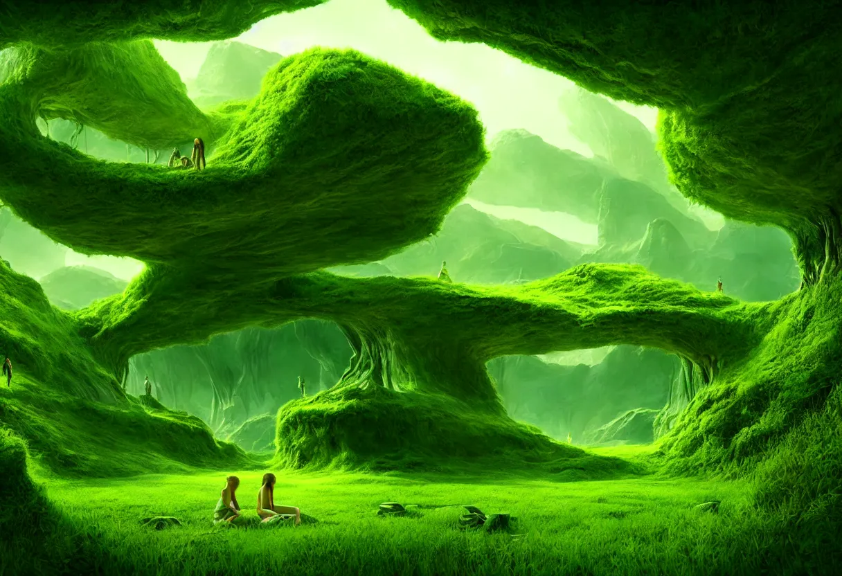 Image similar to inside of alien lush summer green landscape of human mind and imagination, matte painting, beautiful render, octane render, concept art